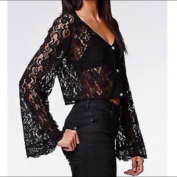 Kendall & Kylie Crop Button Up Lace Bell Sleeve - Picture 2 of 8